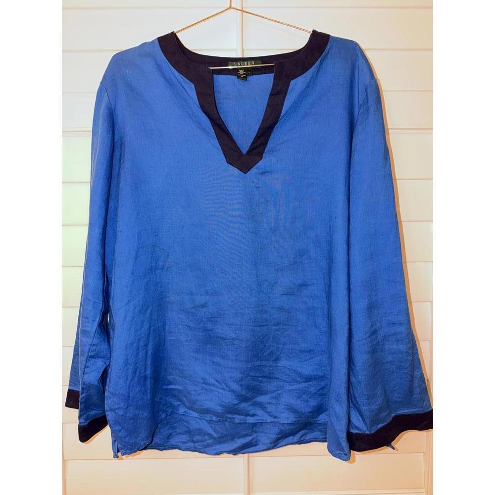Lauren by Ralph Lauren blue tunic top with‎ navy trim size L 100% Linen